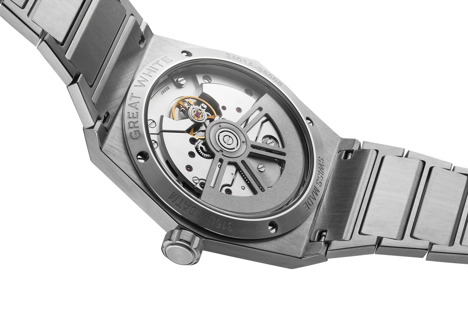 Montre SIFI BEAUVOIS Great White vue de dos, gros plan sur le mouvement automatique Chronode C102 fond de boîtier en saphir