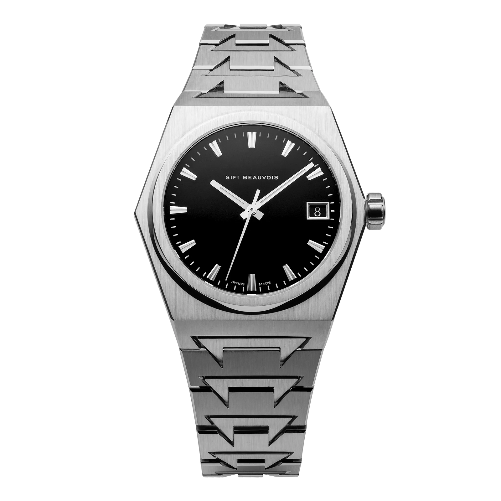 Montre SIFI BEAUVOIS Great White de face, cadran noir Musou Black et boîtier acier