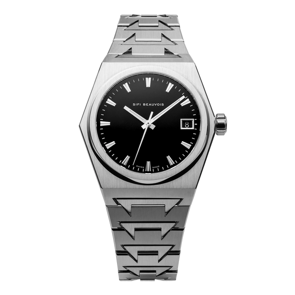 Montre SIFI BEAUVOIS Great White de face, cadran noir Musou Black et boîtier acier