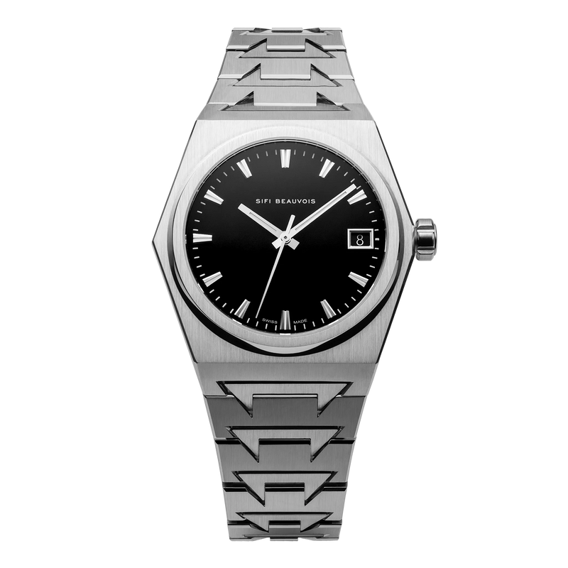 Montre SIFI BEAUVOIS Great White de face, cadran noir Musou Black et boîtier acier
