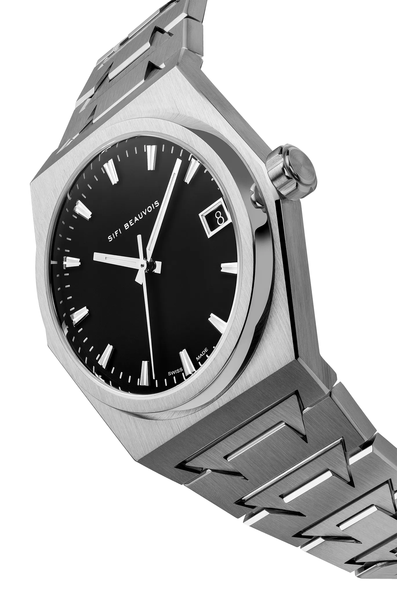 Montre SIFI BEAUVOIS Great White de trois-quarts, boîtier et bracelet acier
